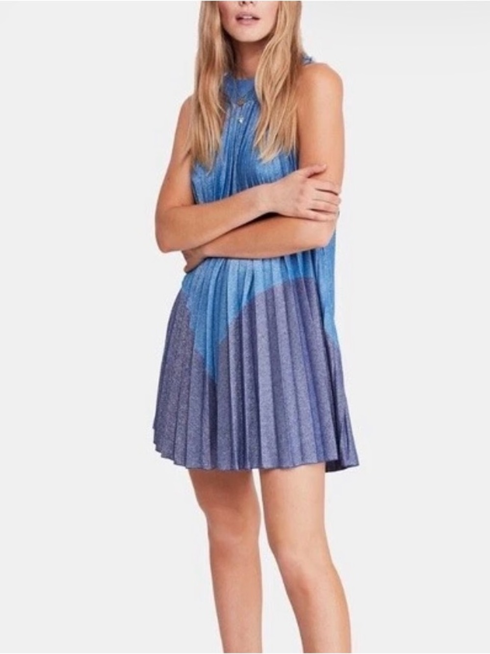 Free People Pleated Love Mini Dress Blue Halter Small